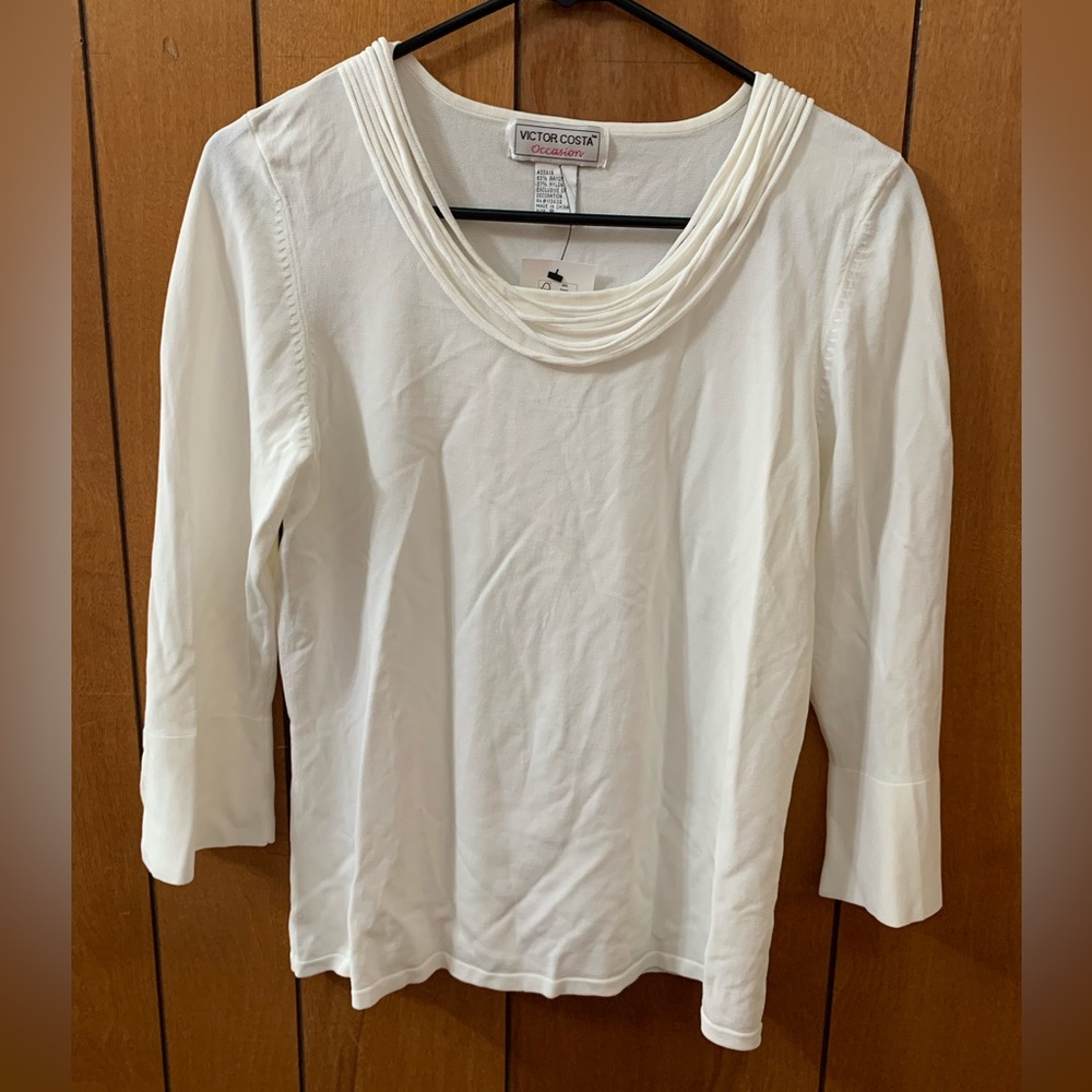 NWT VICTOR COSTA Occasion White Fringe Blouse Long Sleeve Shirt Top Size Small